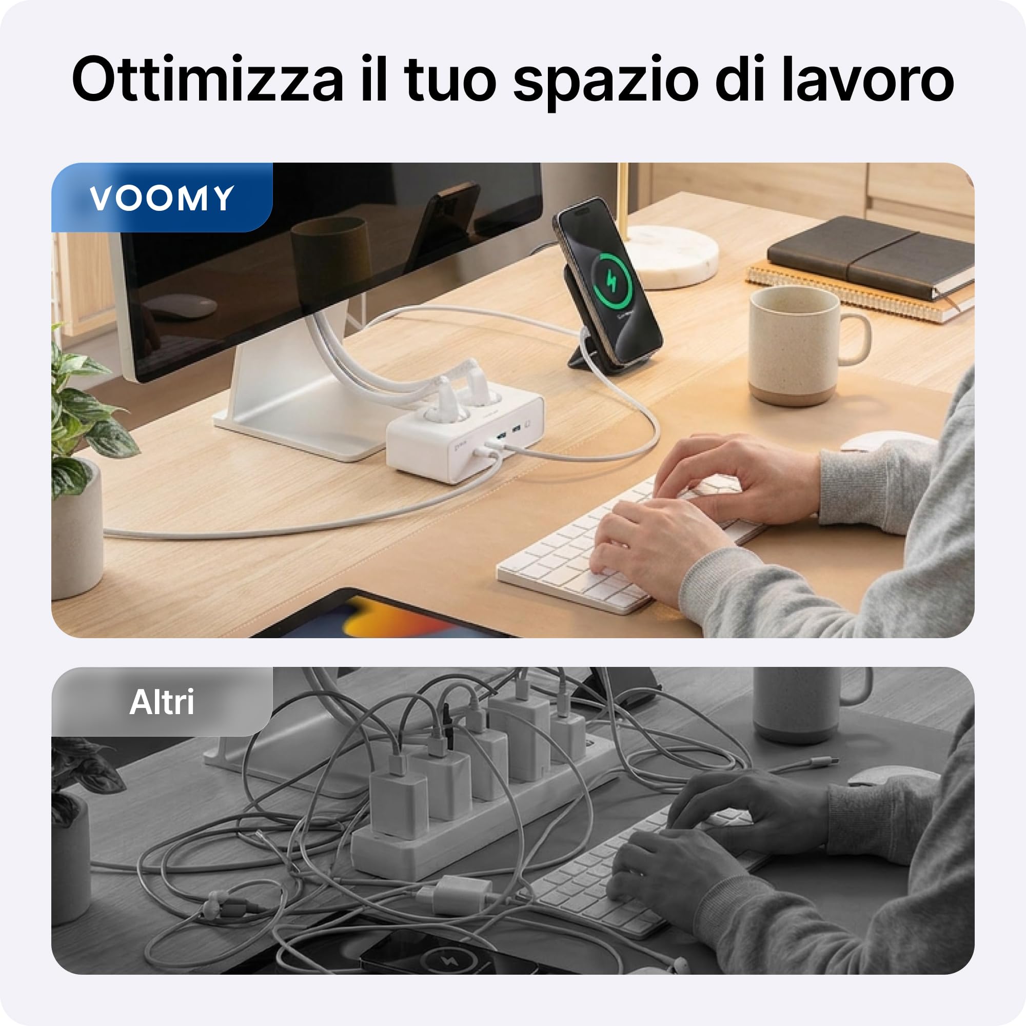 VOOMY Ciabatta Multipresa con 65W Carica Rapida, Presa Multipla Salvaspazio con 2 Spina AC, Ciabatta Multipresa con 2 USB-C & 2 USB-A, Interruttore e Cavo da 2m (Nero, 65W)