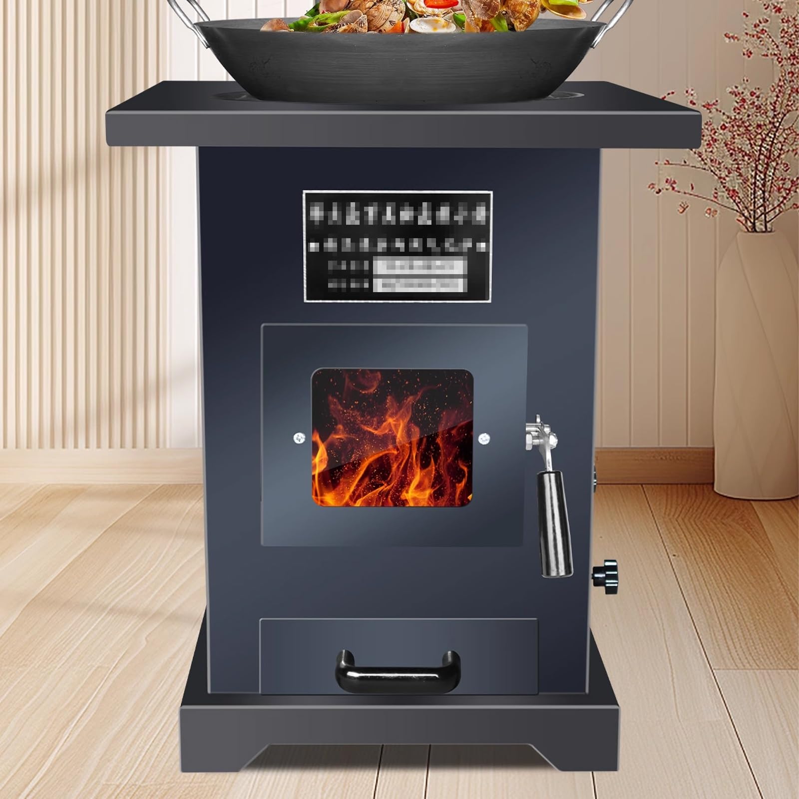 Stufa a Legna con Forno Gassificazione Senza Fumo Lamiera in Acciaio Stufe a Legna in Offerta Anelli di Diverse Dimensioni Cassetto Raccogli Cenere Soggiorni e Terrazze(B)