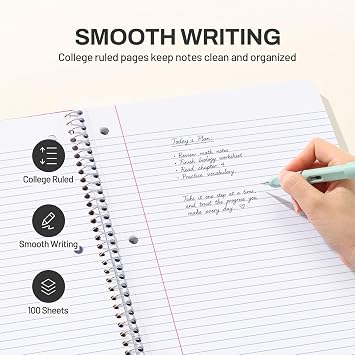 SUNEE Spiral Notebook, 1-Subject, College Ruled Paper, 8 x 10-1/2, 100 Sheets per Notebook, 3-Hole Punched Paper, Water Resistant Cover, Double-sided Pockets, Spiral Lined Notebooks for Work, Black