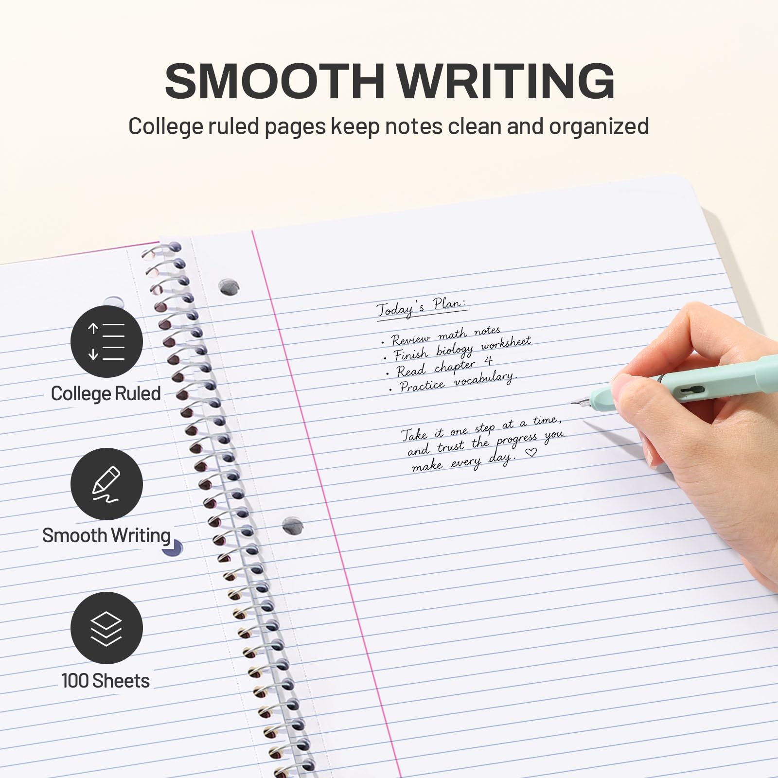 SUNEE Quaderno a spirale, 1 soggetto, carta a righe universitaria, 20,3 x 25,1 cm, 100 fogli per quaderno, carta perforata a 3 fori, copertina impermeabile, tasche fronte-retro, quaderni a spirale per