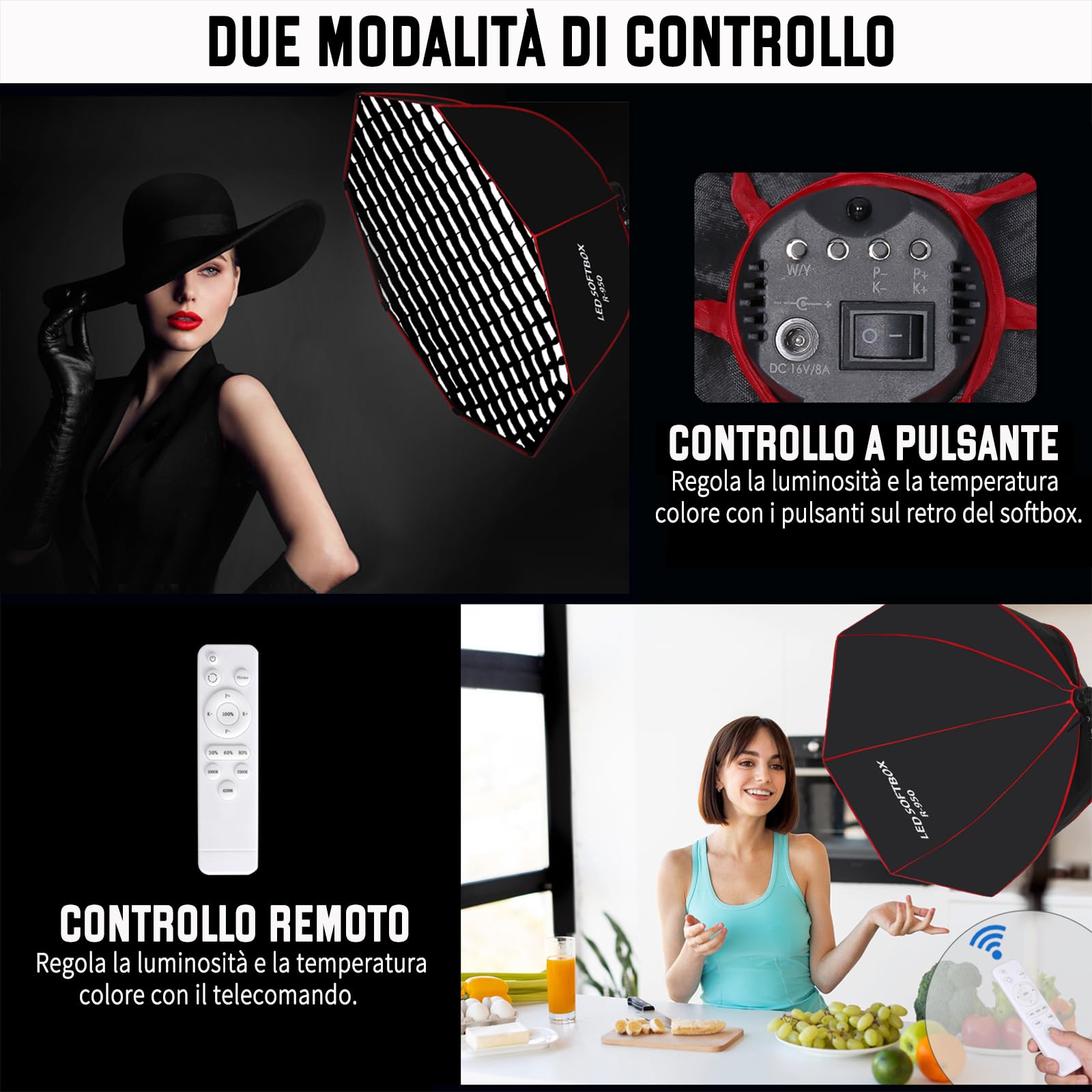 Set di Illuminazione Softbox Ottagonale da 110 W, 95 cm, con Griglia a Nido d'Ape/Telecomando/Supporto Luminoso, per Fotografia, Studio Fotografico, Ritratti, Trasmissione Live