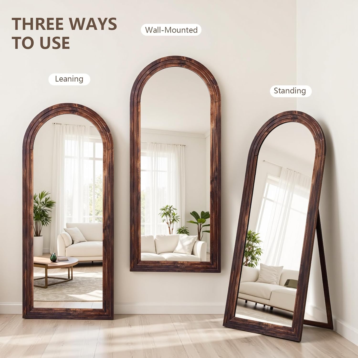 Yumyolk Full Length Mirror 68"x24" Bedroom Long Arched Stand Up Wall Mounted Mirror with Stand Brown