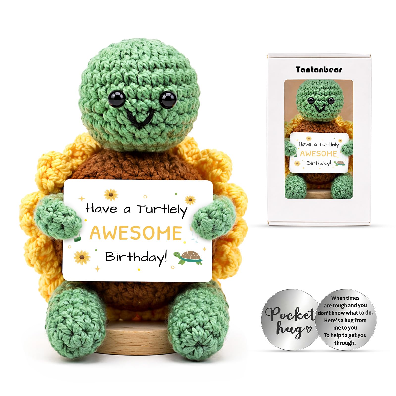Positive Crochet Turtle Birthday Gifts for Women Men, Sunflower Crochet Animals Emotional Support Plush, Handmade Desk Decor Keepsake Gift Box with Lucky Coin & Card for Mum Sister Best Friend