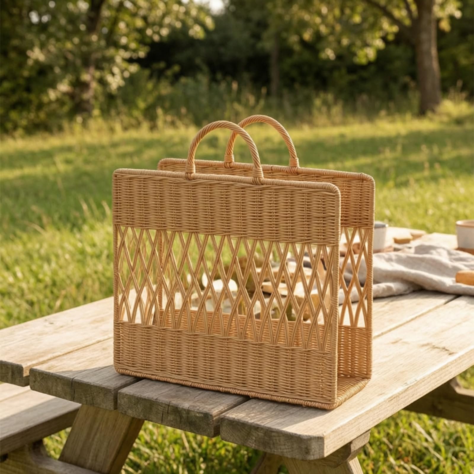 Yajuyi Panier à Magazines Tressé Panier de Rangement Corbeille Porte-revues Organisateur en Rotin PE avec Base Plate et Poignées Structure Stable et Légère Adapté au Salon Chambre Lecture