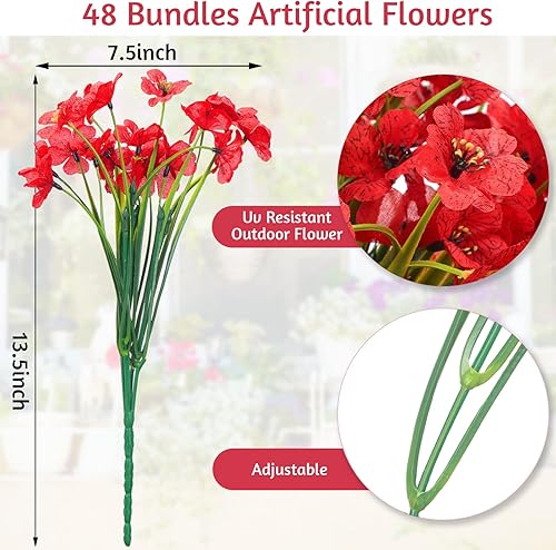 Miniatura 2 de Janinka 48 paquetes de flores artificiales rojas para exteriores, resistentes a los rayos UV, plantas de plástico falsas que no se decoloran,