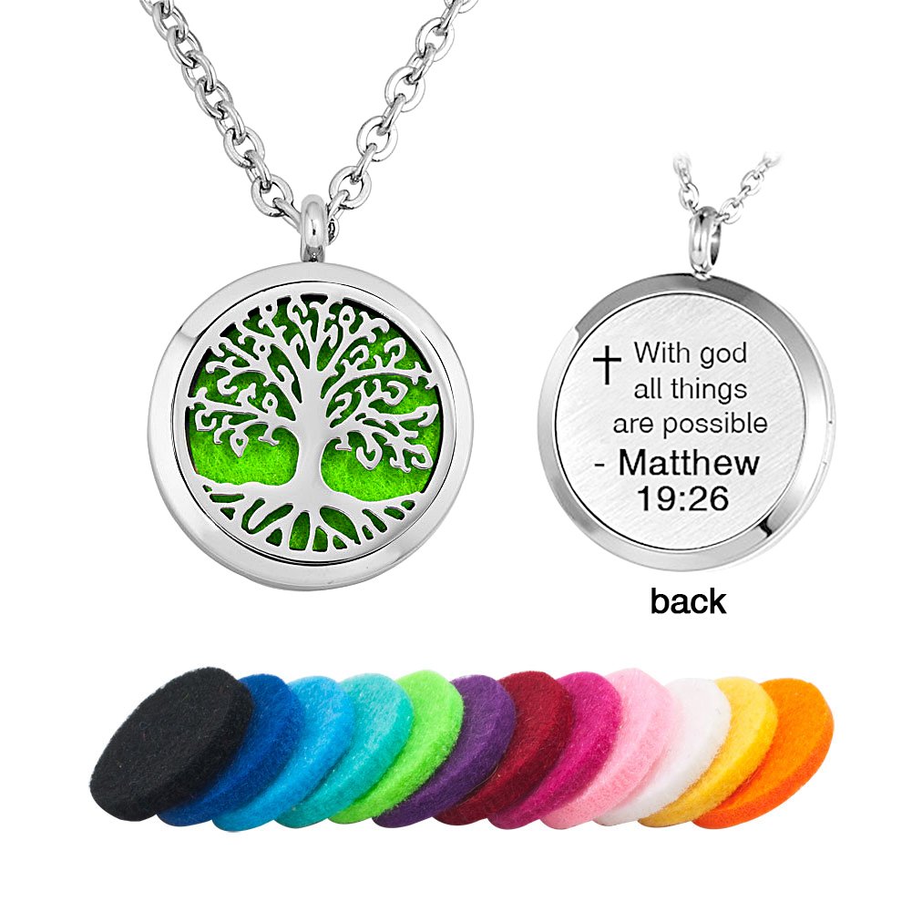 Third Time Charm Aromatherapy Essential Oil Diffuser Religious Tree Of Life Necklace With God All Things Are Possible Locket Pendant, 12 Refill Pads