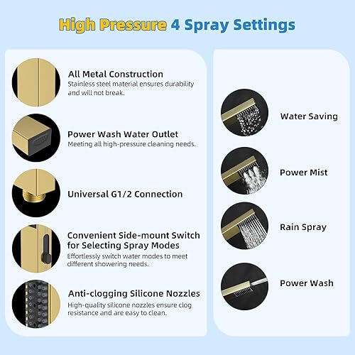 Vista 29 de Hibbent Cabezal de ducha de metal, cabezal de ducha de alta presión de 10 pulgadas, combo de cabezal de ducha, varita de ducha de mano, brazo