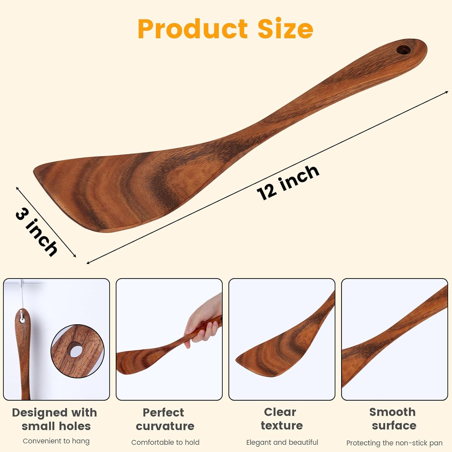 HANSGO Wooden Spatula, 12 Inch Acacia Wood Nonstick Turner, Right Hand Long Handle Flat Frying Spatulas, Kitchen Gift for Mother Wife Grandma, Non Toxic Cooking Utensils for Eggs, Fish, Pancakes - Image 6