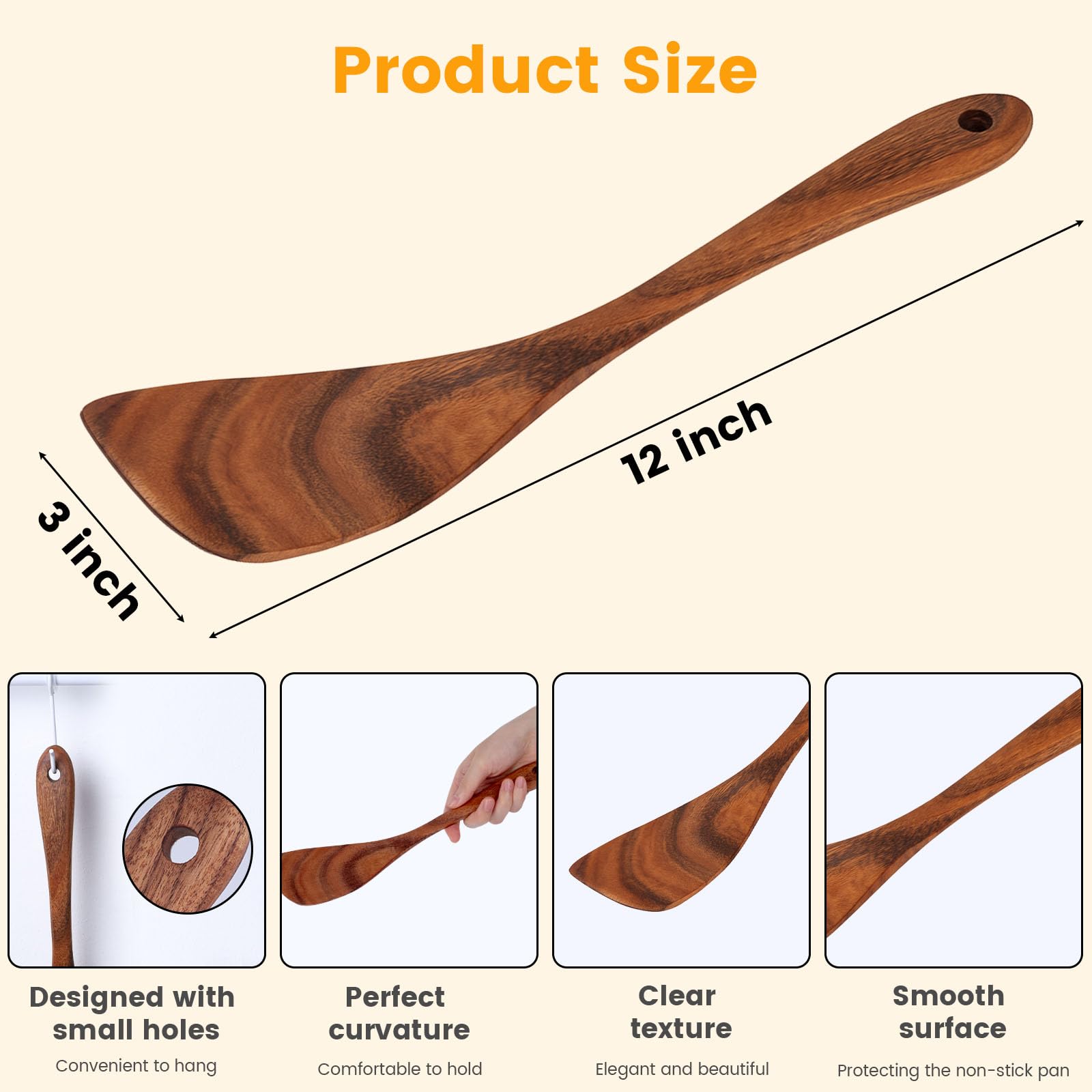 HANSGO Espátula de madera para cocinar, espátula de madera de 12 pulgadas, espátula plana para freír, utensilios de cocina de madera para cocina