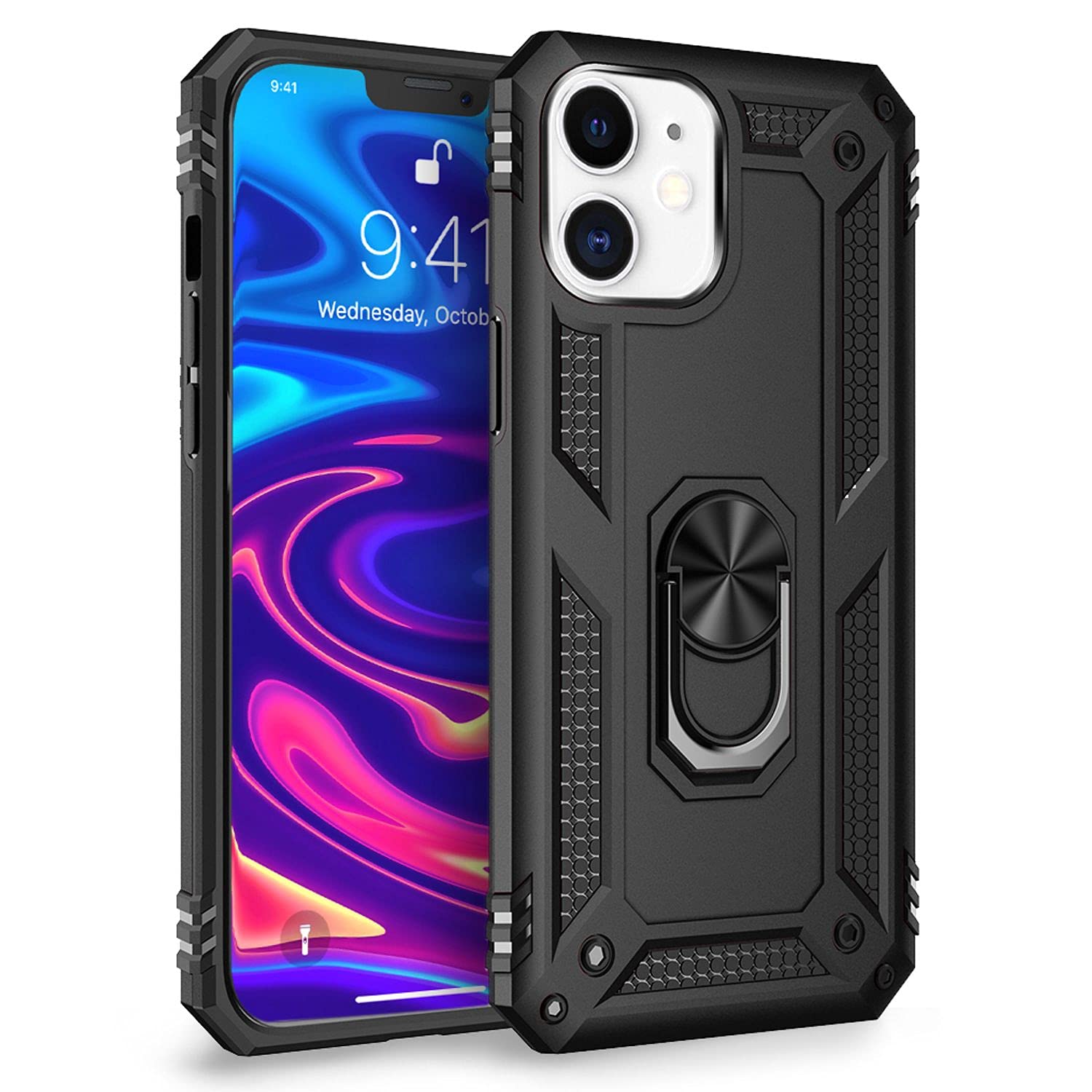 Custodia NALIA Con Anello Per IPhone 13 Pro - Antiurto Militare, Anello Girevole 360°, Supporto Magnetico Auto, Nero