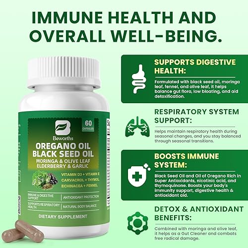 Miniatura 3 de Aceite de orégano con aceite de semilla negra - Cápsulas de aceite de orégano  Moringa, saúco, equinácea, ajo, hinojo - Aceite de orégano Carvacrol