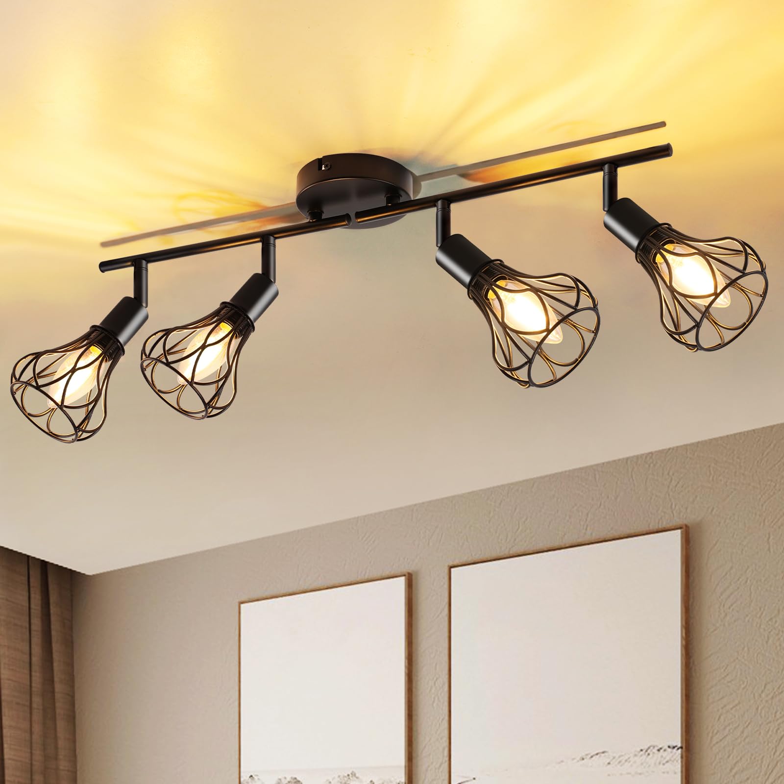 GeyouLux Deckenlampe LED Deckenleuchte E14 Deckenstrahler 4 Flammig Schwenkbar 350° Deckenspots Retro Küchenlampe Wohnzimmerlampe Schwarz Lampe für Küche Wohnzimmer Flur Schlafzimmer Ohne Leuchtmittel