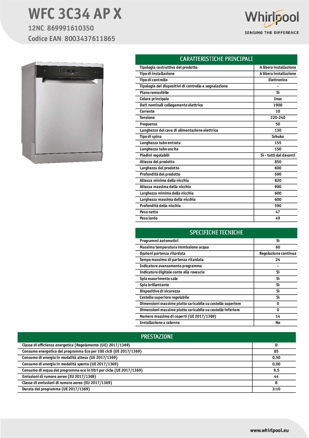 Whirlpool WFC 3C34 AP X, Lave-vaisselle 60cm Libre installation, 14 places, D
