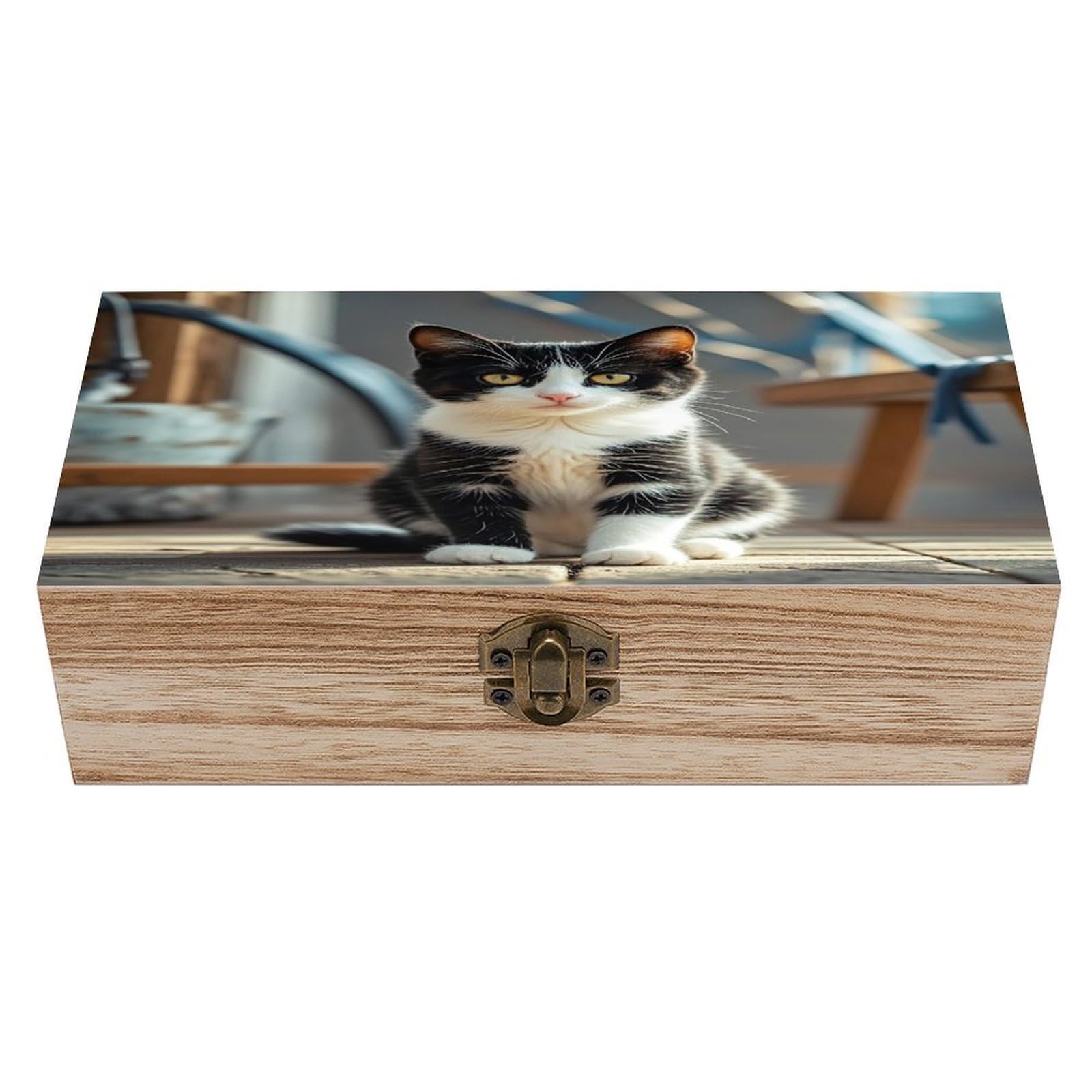 FekiLoot White And Black Kitten Sitting Wooden Storage Box Exquisite Wood Keepsake Box Vintage Wooden Gift Jewelry Case for Crafts And Photo Storage Boxes