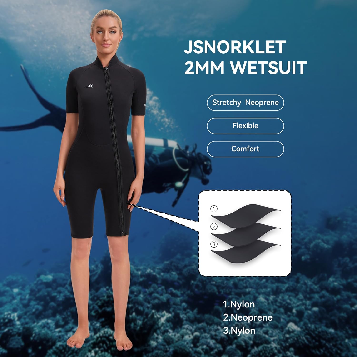 2mm Shorty Wetsuit Womens Front Zip Neoprene Diving Suit for Swimming Surfing Diving