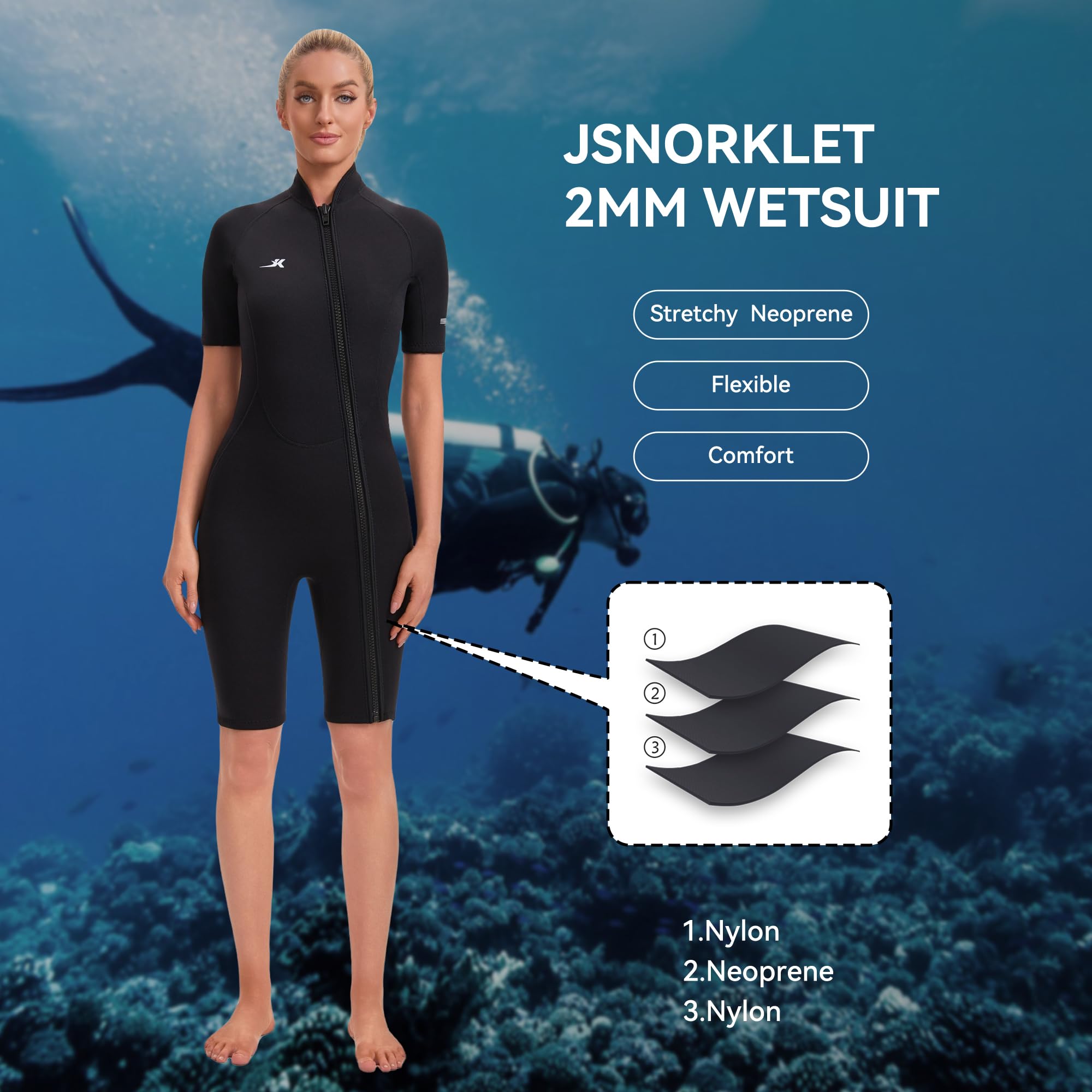 Muta corta da donna in neoprene con cerniera frontale, 2 mm, per nuoto, surf, immersioni
