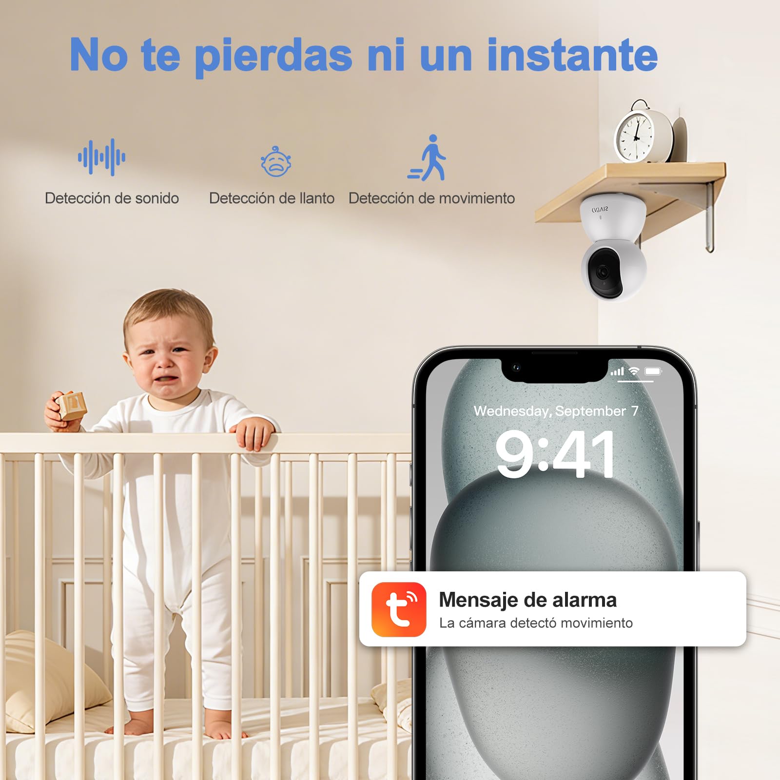 Vigilabebés con cámara de 1080P, 5" LCD-IPS - Cámara de bebé WiFi vídeo babyfone PTZ 360, visión Nocturna detección Movimientos cunas, Bebe Monitoreo Baby Phone