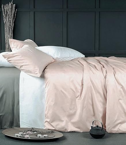 Juego de ropa de cama de lujo, funda de edredón oro rosa, con alto conteo de hilos, de algodón egipcio, satén, sedoso, suave, color rosa pálido