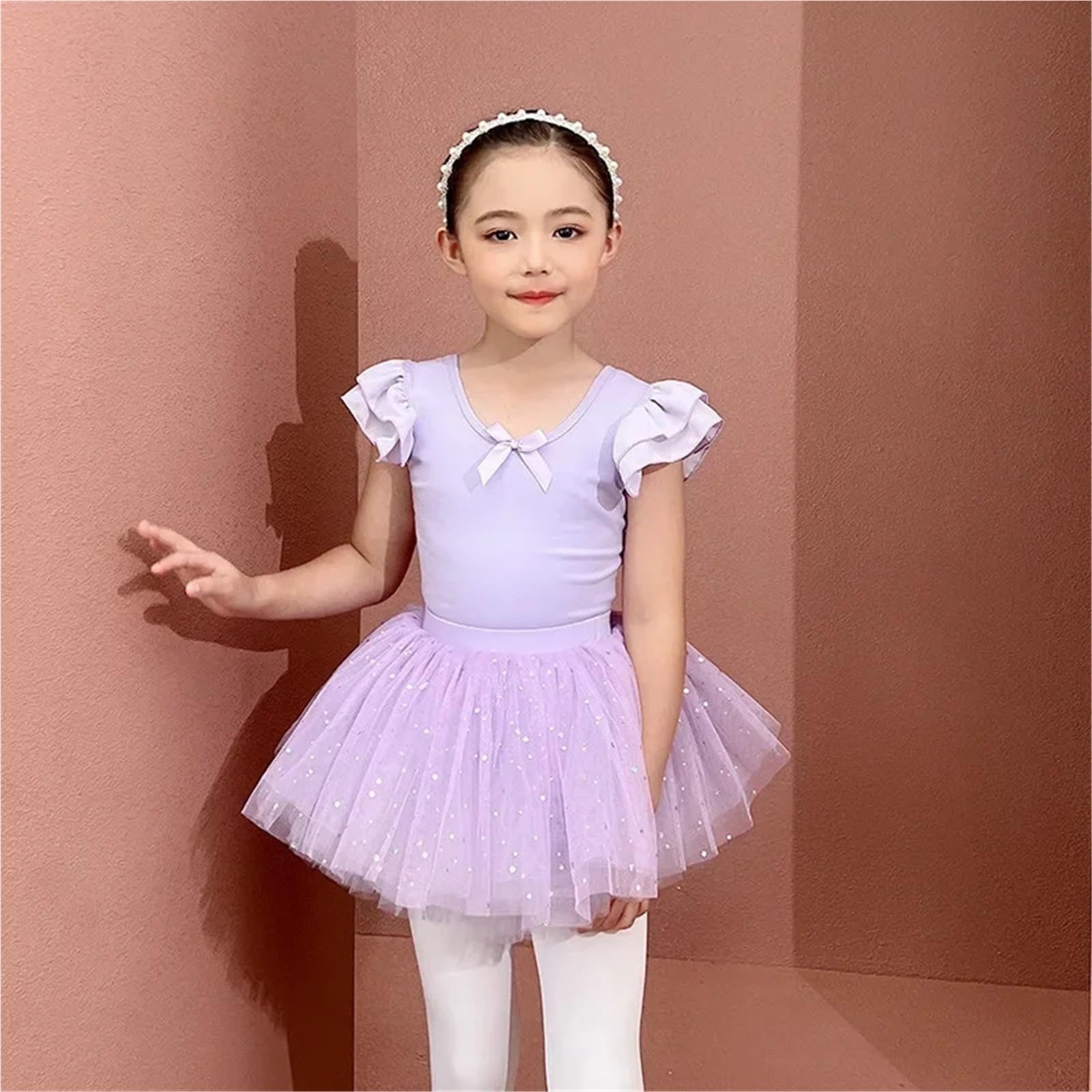 Body Danza Classica Donna Body da danza classica Maniche corte con volant Spalline incrociate sul retro Gonna tutù scintillante brillante Vestito ginnastica ritmica Fata