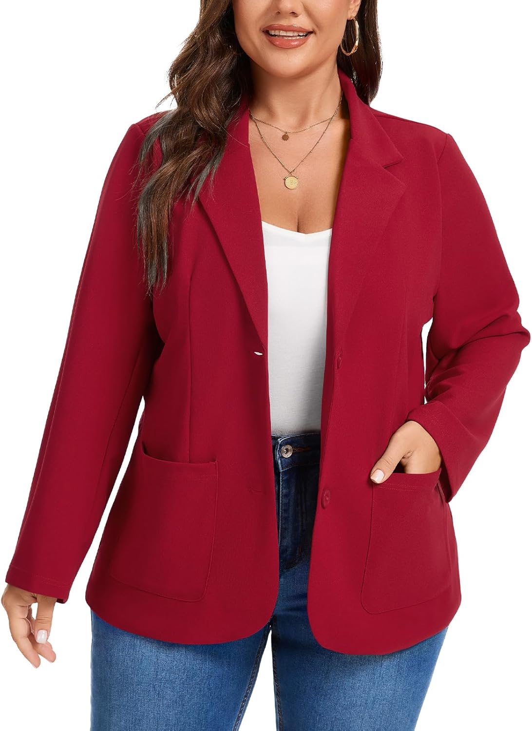 MINTLIMIT Women's Suits & Blazers Plus Size Long Sleeve Two Button Suit Jacket Solid Stretchy Blazer with Pockets,Red,2XL