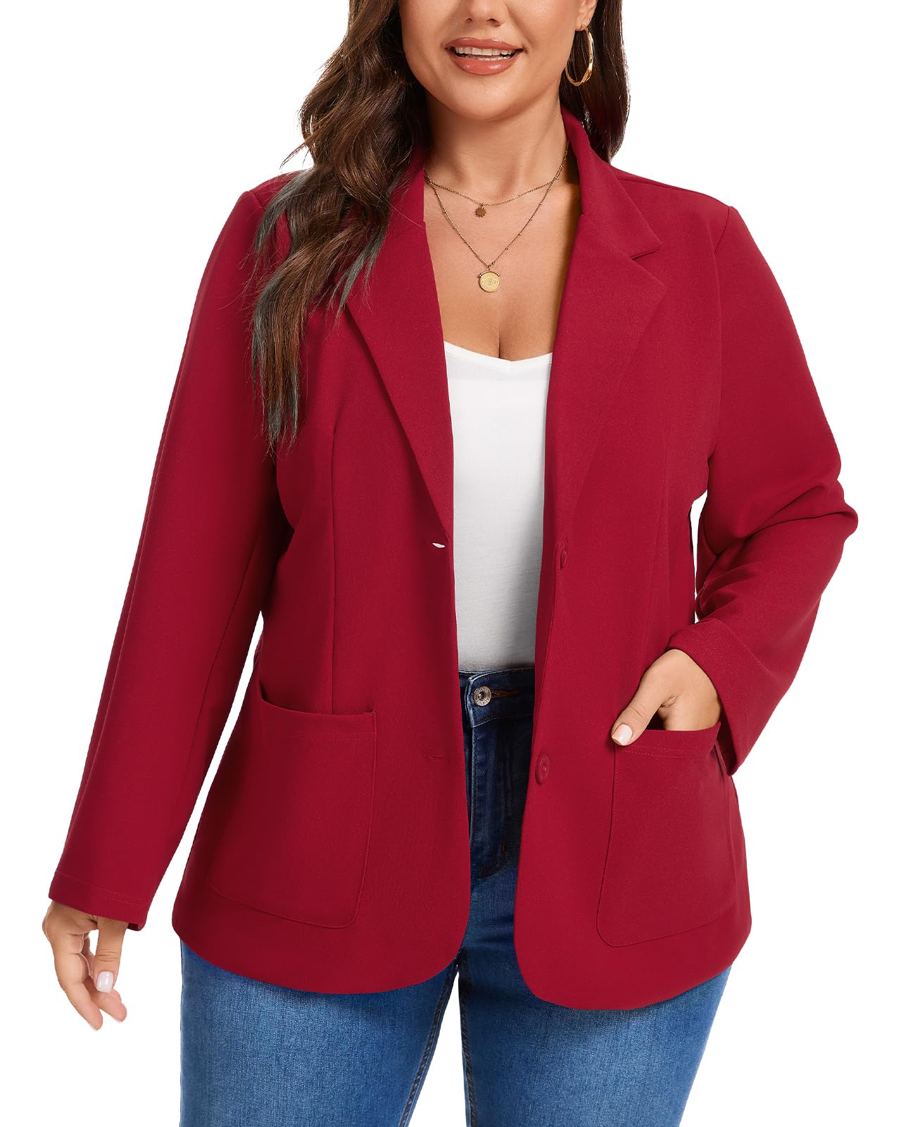 MINTLIMIT Womens Suits Blazers Plus Size Long Sleeve Two Button Suit Jacket Solid Stretchy Blazer with Pockets Red