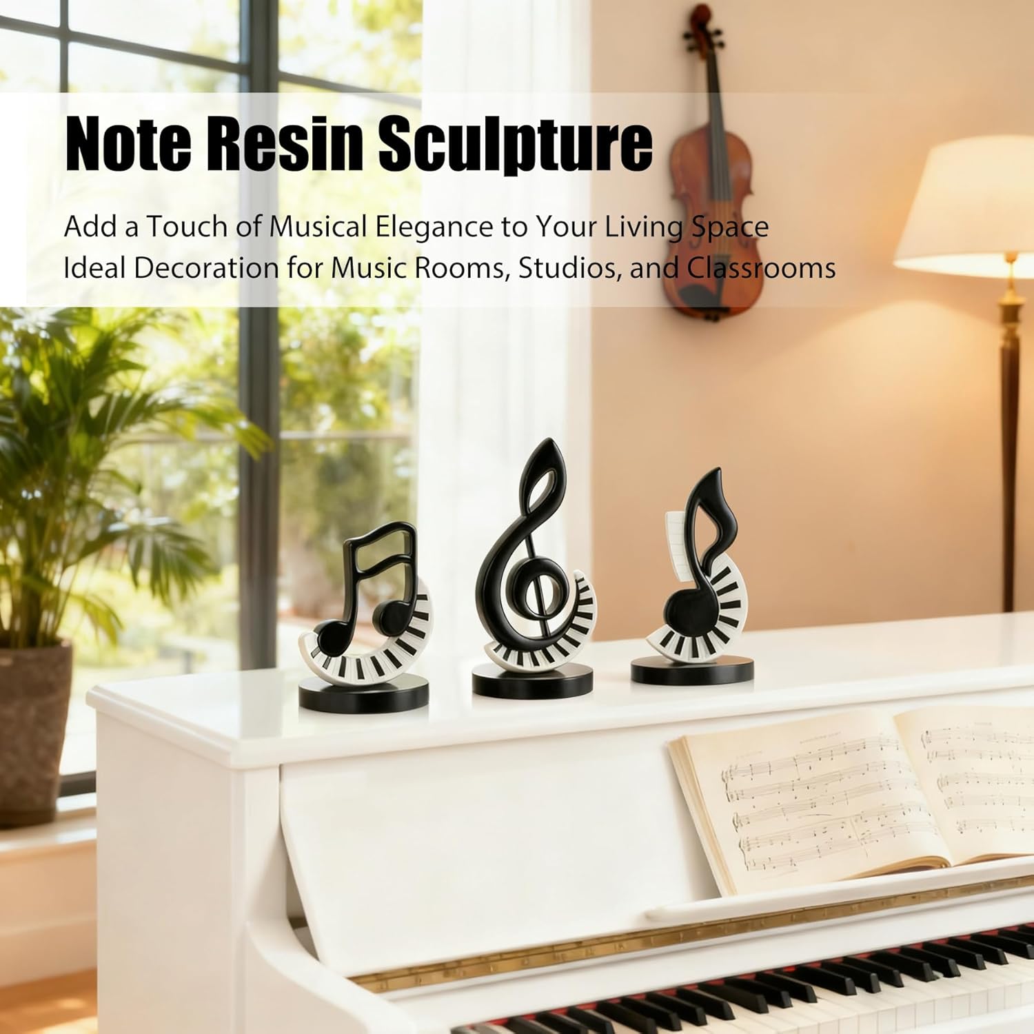 Music Note Statue Music Room Decor, Resin Art Black and White Piano Key Music Note Sculpture Decorations for Living Room Shelf TV Stand Coffee Table, Gift for Music Lovers Musicians (Treble Clef)