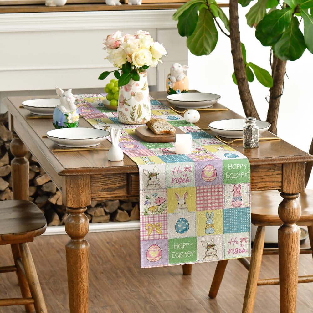 Artoid Mode Plaid Bunny Rabbit Eggs 210 GSM Happy Easter Table Runner, Seasonal Spring Kitchen Dining Table Decoration for Home Party Decor 13x108 Inch image 3