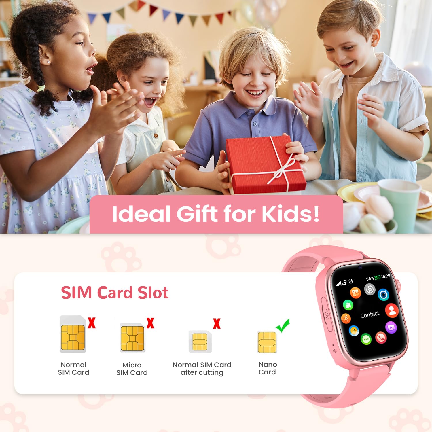RUXINGX 4G Smartwatch Bambini, IP68 Impermeabile Smartwatch con GPS, SOS, Telefono, HD Videochiamata, Chat Vocale, modalità Lezione, Sveglia, Sonno, Orologio Bambini per Ragazze e Ragazzi, Rosa