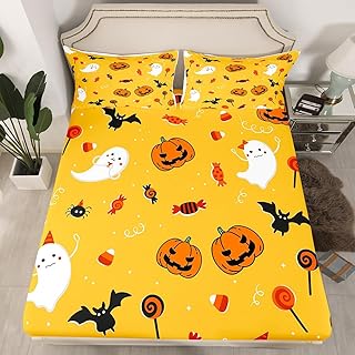 Erosebridal Halloween Pumpkin Fitted Sheet for Boys, Cute Ghost Bedding Set Twin Size, Cute Bat Candy Bed Sheets Cartoon Sheets for Kids Teens Adult Women Bedroom Decor, Orange