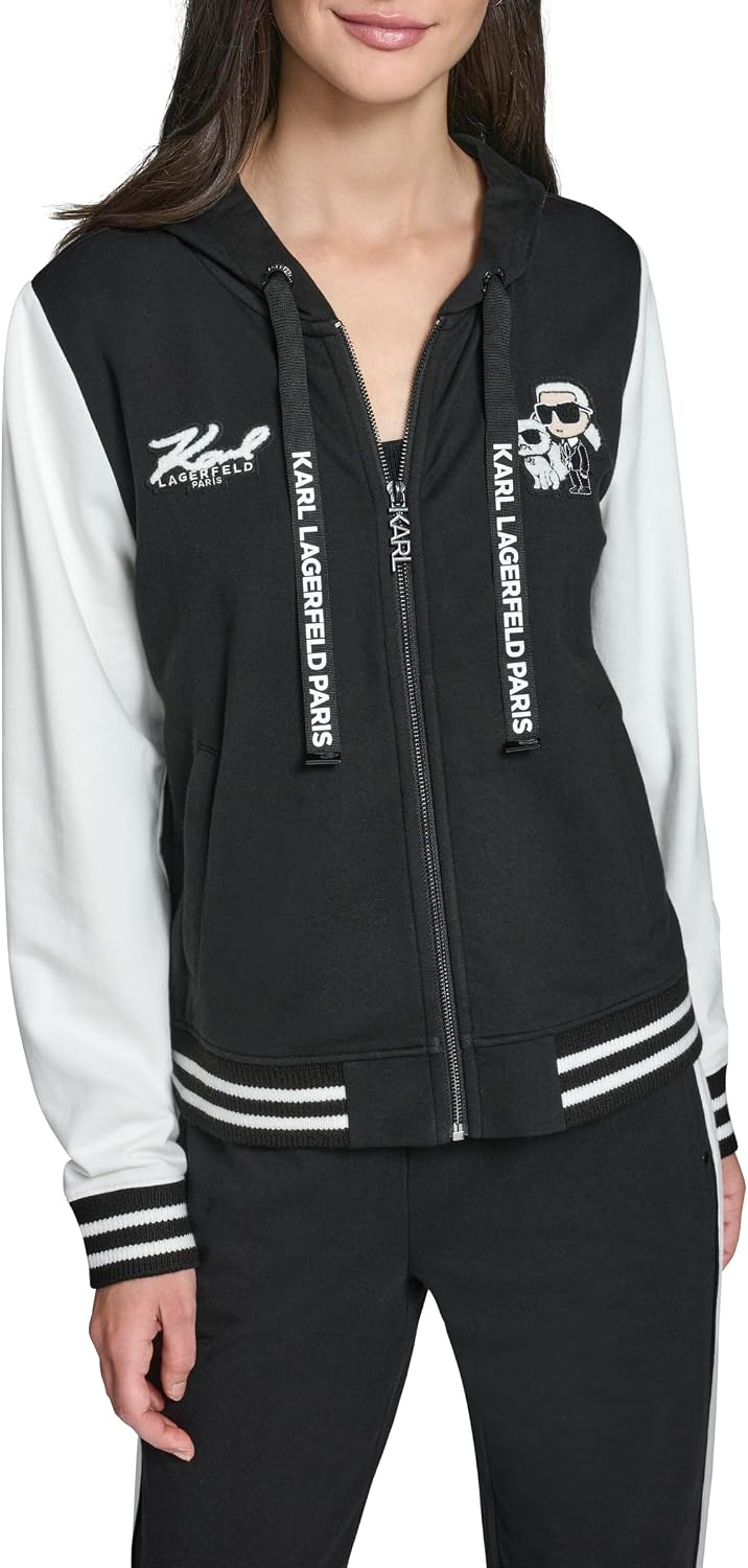 Karl Lagerfeld Women's Long Sleeve Varsity Jacket with Choupette and Karl Graphic