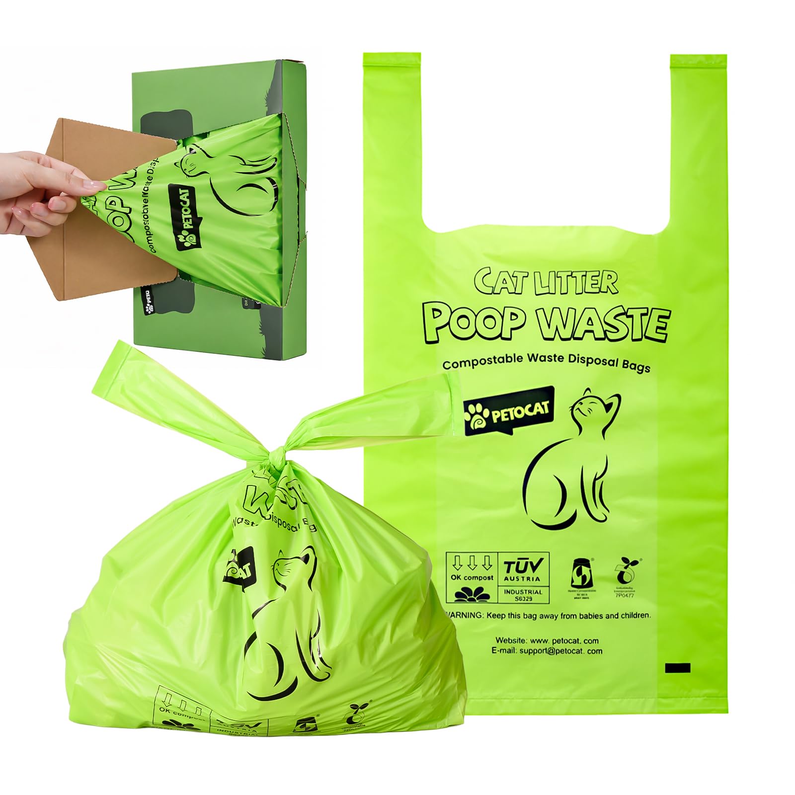 Cat Litter Bags for Poop, Certified Compostable Cat Waste Disposal Bag, Leakproof Durable and Unscented Large to Fit Any Scoop Strengthen Dog Poop Bag- 100 Count