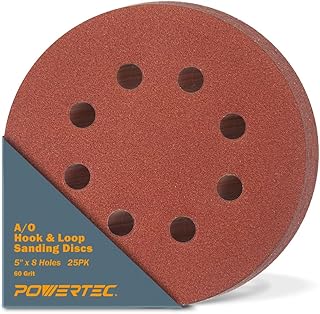POWERTEC 45006 5 Inch 8 Hole Hook and Loop Sanding Discs, 60 Grit, 25 PK, Sandpaper for Random Orbital Sanders