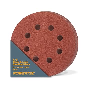 POWERTEC 25PK, 60 Grits, Sanding Discs 5 Inch - Hook and Loop, 5 Inch 8 Hole Aluminum Oxide Sandpaper Discs, Woodworking Sanding Pads for Random Orbital, Palm, Air, DA & Pneumatic Sander 45006