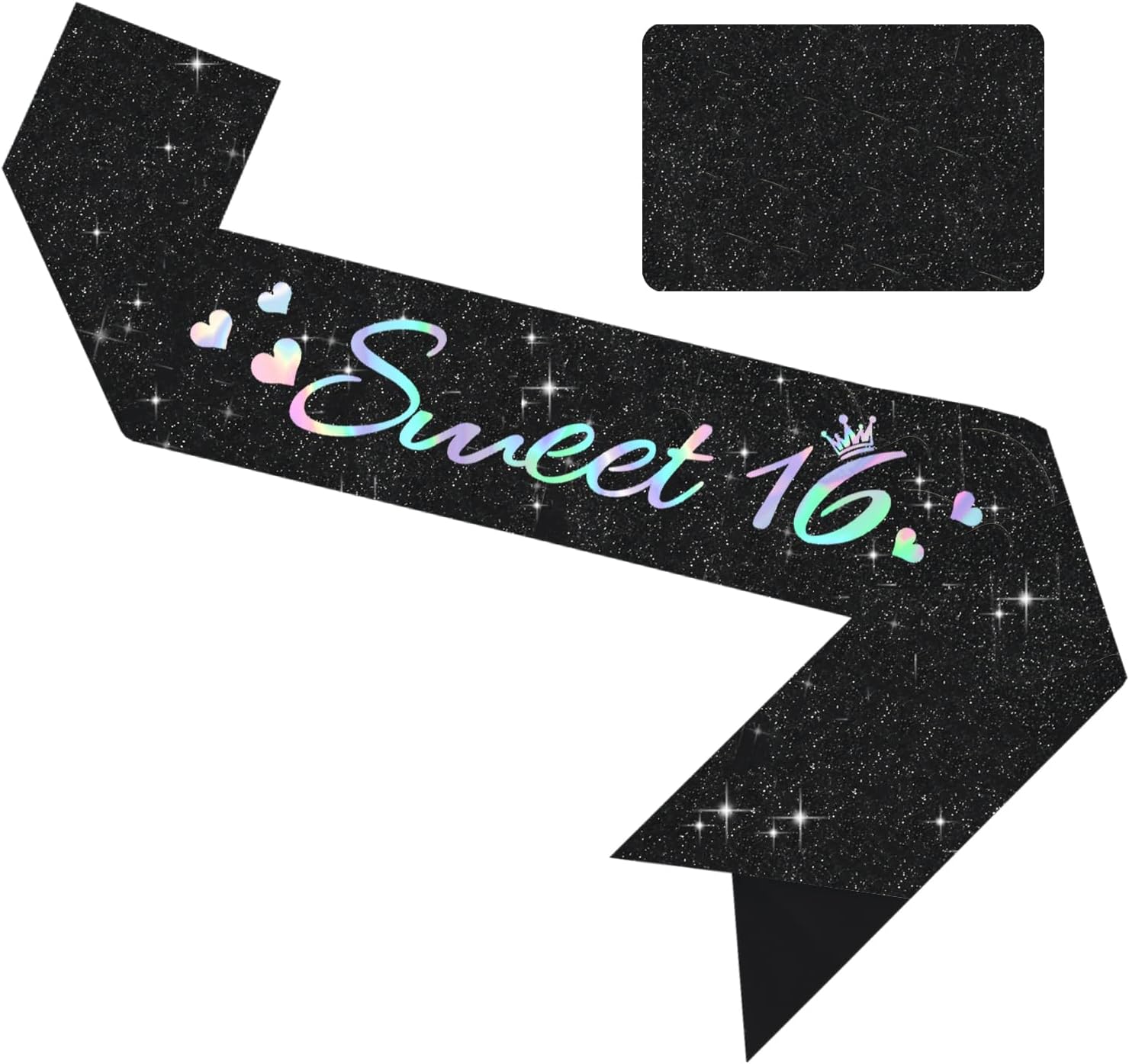 Vuzvuv Glitter Black Sweet 16 Sash with Iridescent Fonts, Happy 16th Birthday Decoration, Sixteen Birthady Party Supply for Girls