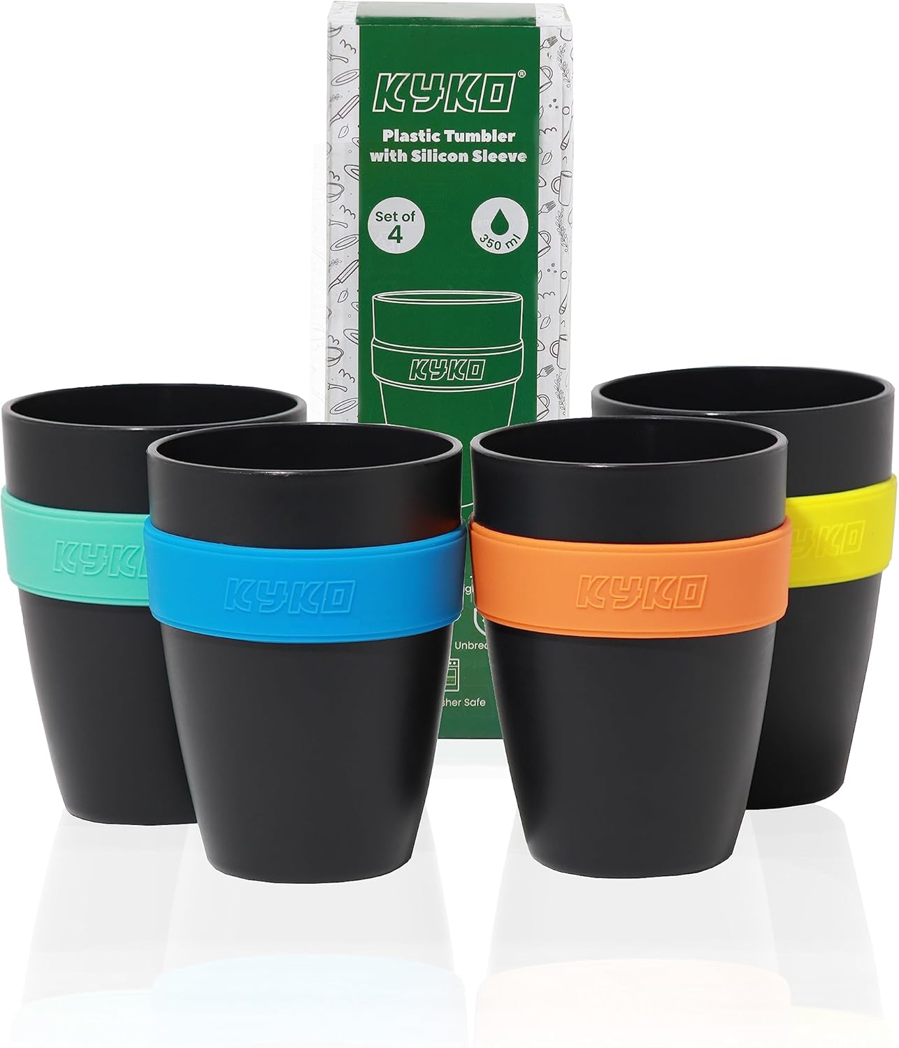 KYKO Reusable Plastic Cups 350ml Set of 4 Unbreakable Lightweight
