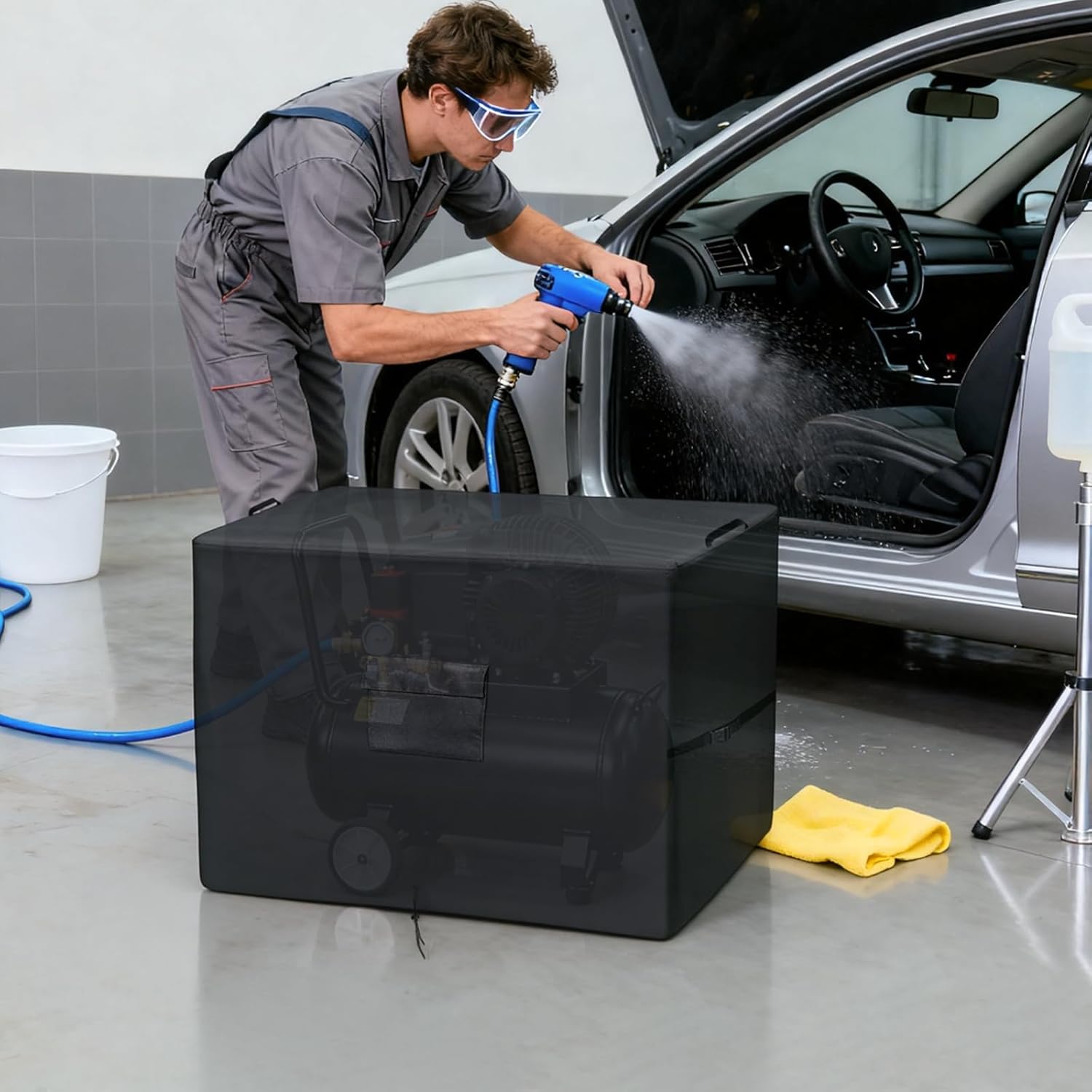 Air Compressor Cover, 600D Waterproof AC Compressor Cover Suitable for Fixed Air Compressors AG-S1002, Gas Air Compressor Covers with 2 Handle & Buickle, Black, 48"L x 24"W x 32"H