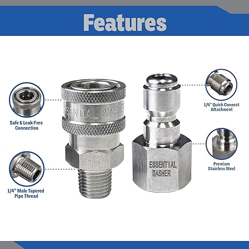 Miniatura 10 de ESSENTIAL WASHER Juego de adaptadores de enchufe de conexión rápida de acero inoxidable para hidrolavadora (zócalo QCjuego de enchufes - 14 de