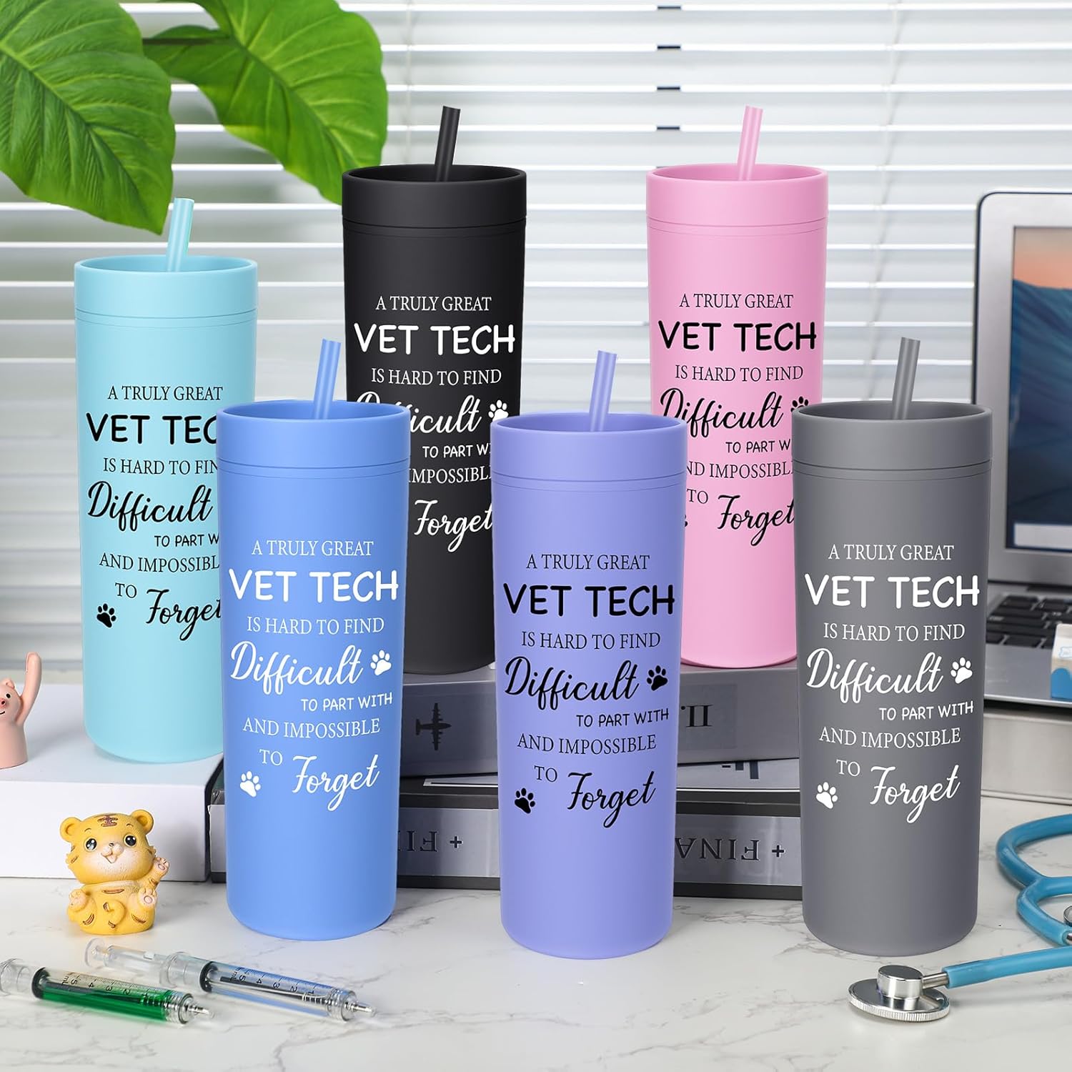 Bokon 6 Pack Veterinary Appreciation Gifts Vet Tech Tumbler Gift 12oz Plastic Reusable Cup with Lid and Straw Inspirational Veterinarian Gift for Veterinary Technician Graduation Birthday - Image 3