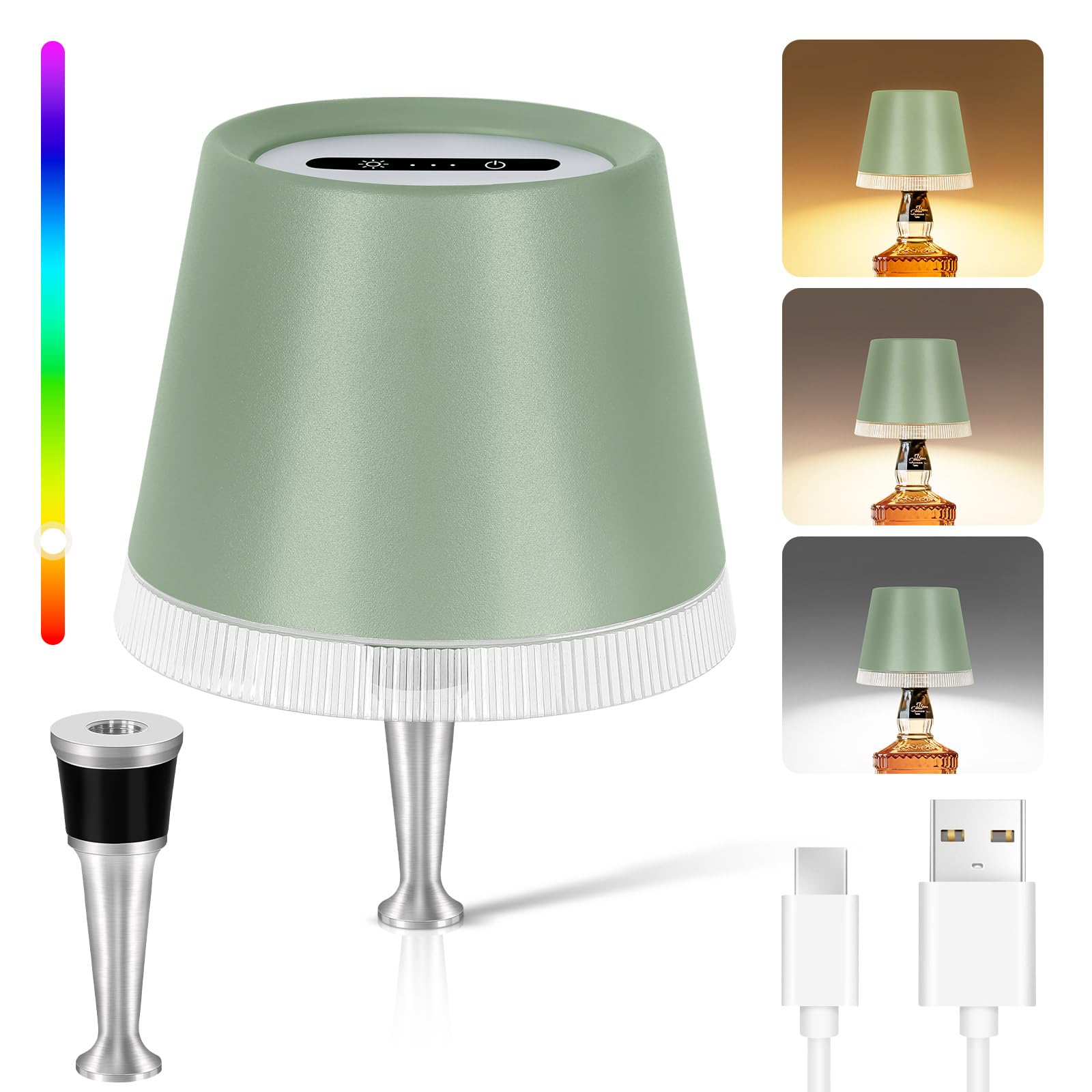 OUTON Flaschenlampe Aufsatz LED Aufladbar mit RGB & 3 Farbtemperaturen, Dimmbares Flaschenlicht mit Touch, 4000mAh Akku, Kabellose Lampe für Flasche mit Lampenschirm, IP54 für Innen/Außen, Grün