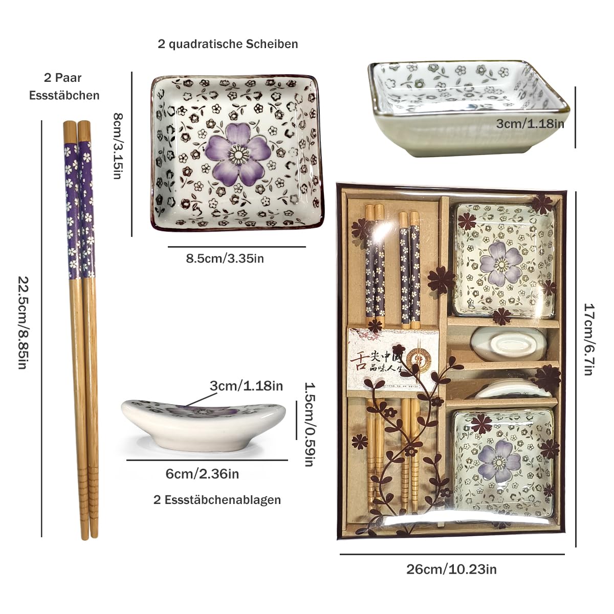 Sushi Geschirr Set für 2 Personen 6 Stück Keramik Dipschalen Set mit Pflaumenblüte Muster Perfekt als Geschenke für Paare oder Geburtstag (A2)