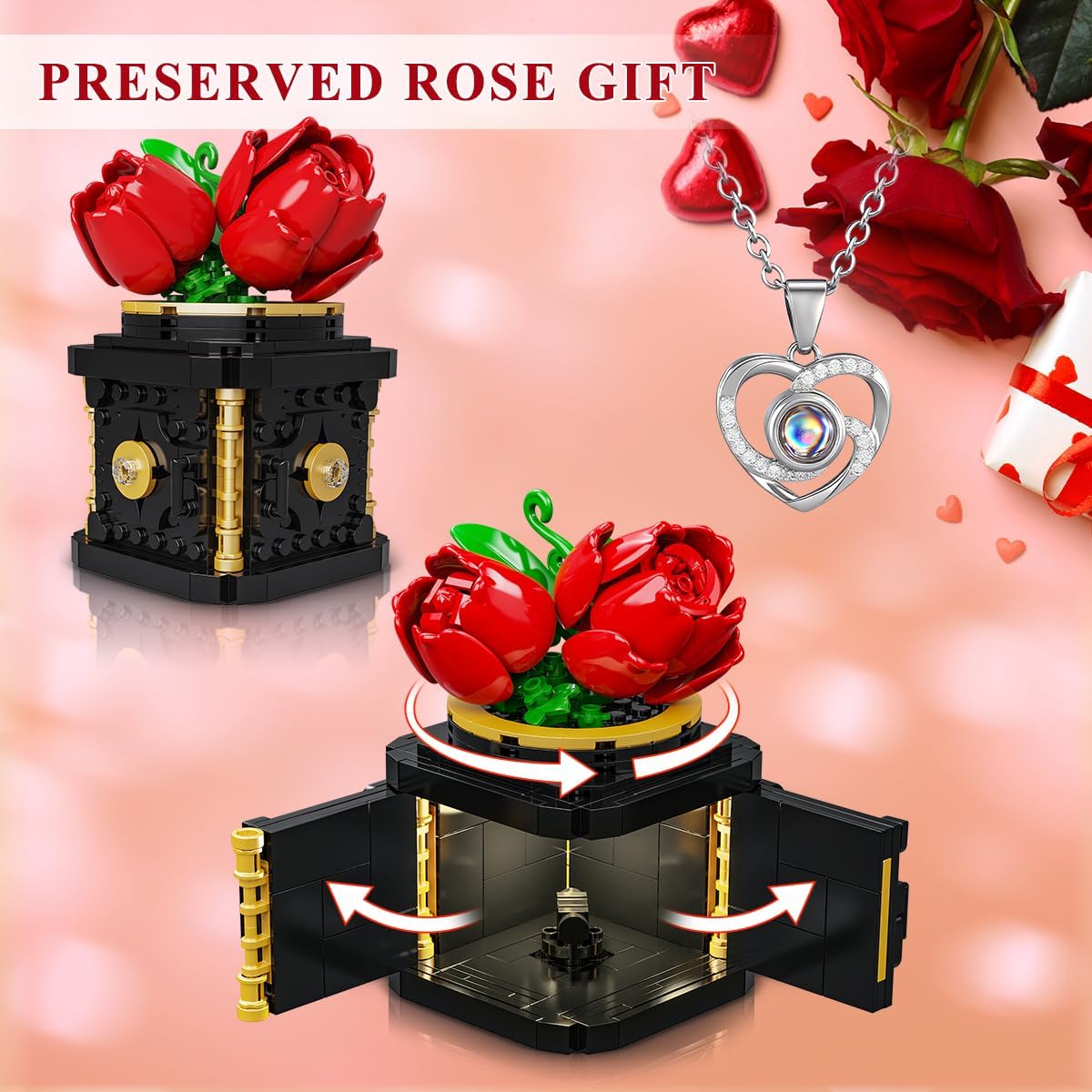 HOGOKIDS Flowers Box Building Set with LED & Necklace, Preserved Red Rose with I Love You Necklace in 100 Languages, Gift for Mothers Day for Mom Wife Girlfriend Women Grandma on Birthday Anniversary