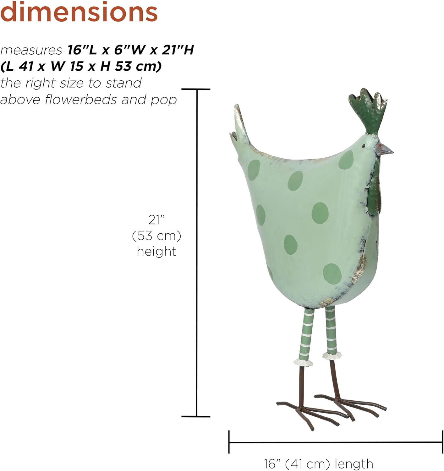 Alpine Corporation 21" Tall Outdoor Metal Polka Dot Standing Hen Yard Statue, Green