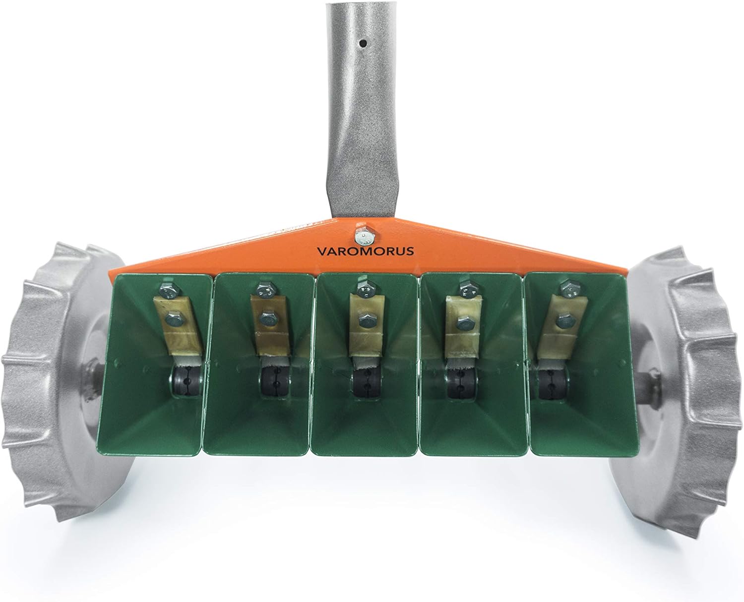 Close-up view of the seed hoppers with brush limiters