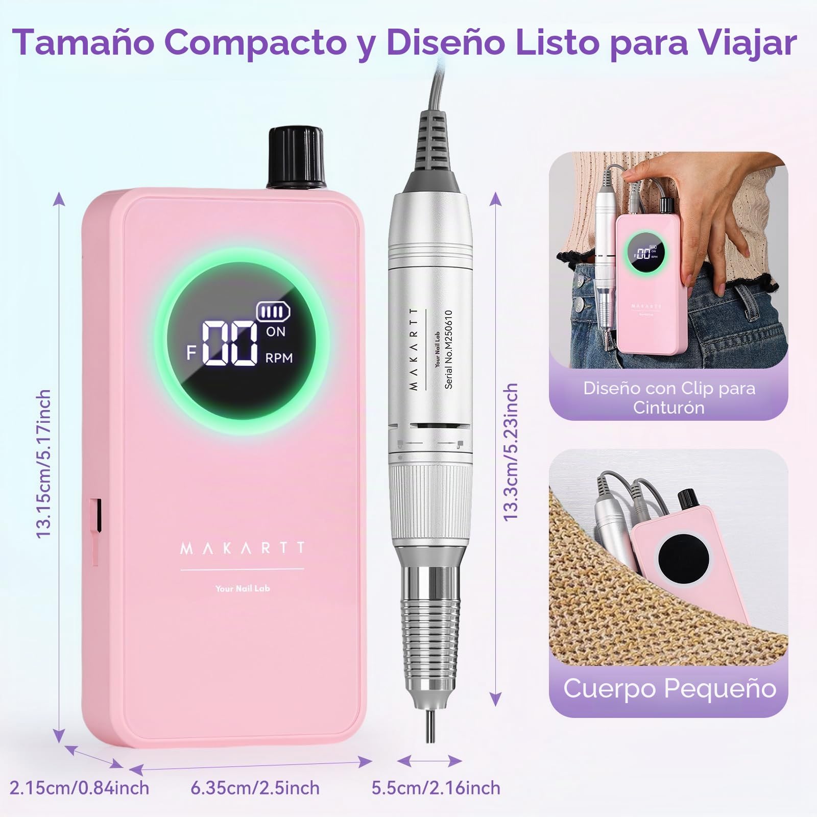 Makartt Fresa de uñas – Fresa profesional recargable con 35000 rpm, juego de lima de uñas eléctrica y lima electrónica para esmalte de uñas acrílico en polvo y gel, silencioso, ligero y portátil