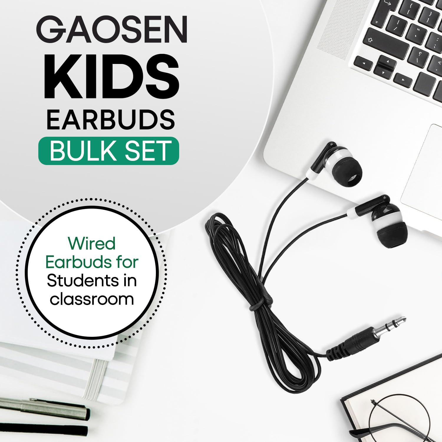 Confezione da 50 auricolari per bambini, per scuola, classe, all'ingrosso, con cavo, per bambini, studenti, ragazzi, ragazze, confezionati singolarmente (GS01,50 nero)