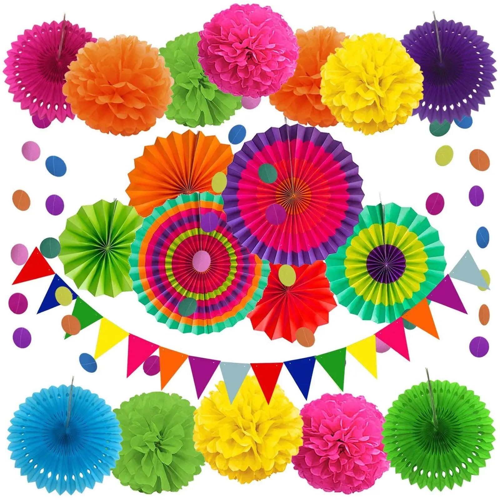 Papierfächer, Wimpelketten, Pompons, Blumengirlanden for Weihnachtsdekoration, Hochzeitsfeier, Geburtstagsparty, Raumdekoration(21PCS Multi-color)
