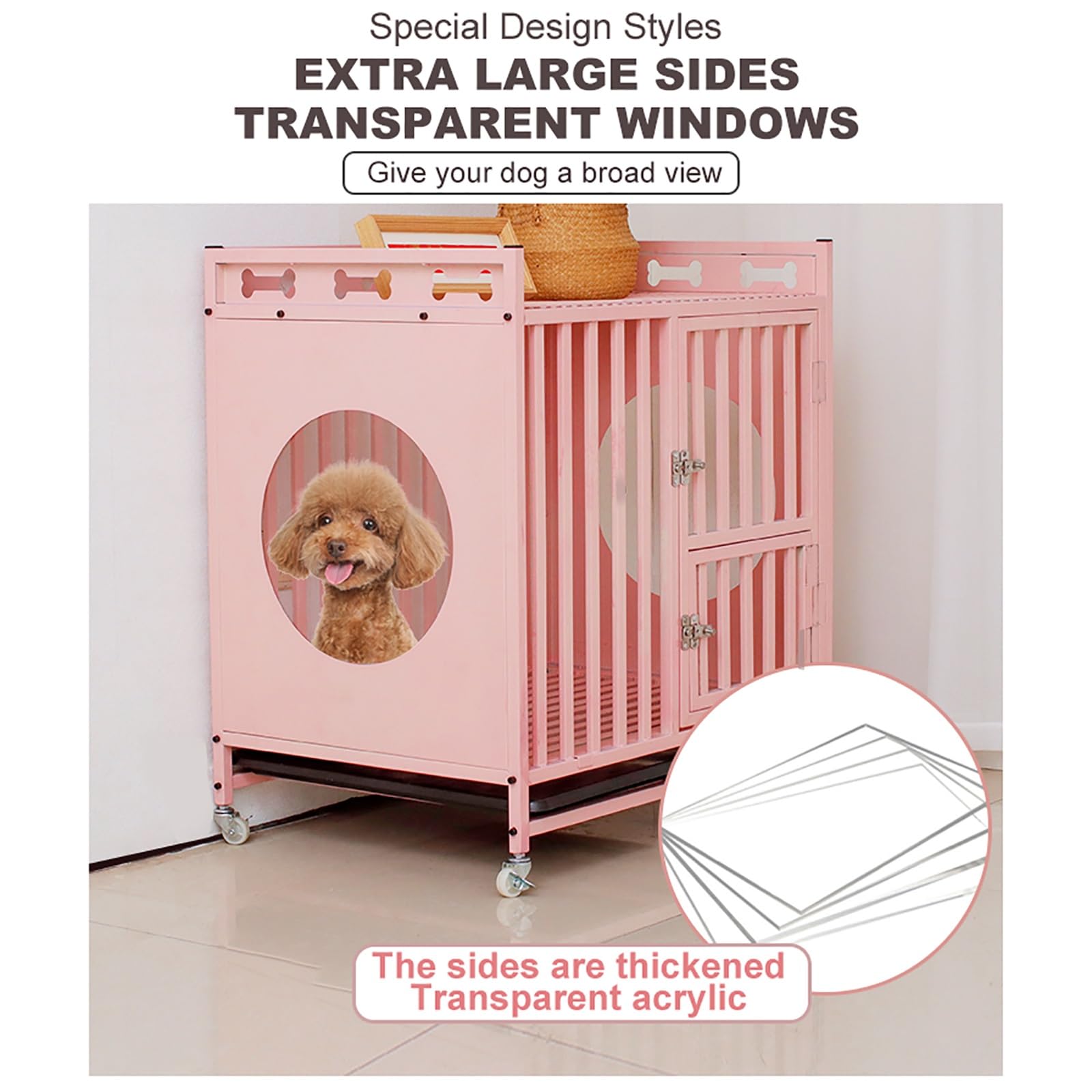 Jaula resistente para perros, 2 en 1, estilo mueble, con ruedas, diseño resistente a las mordidas para perros pequeños a grandes, muebles rústicos de interior