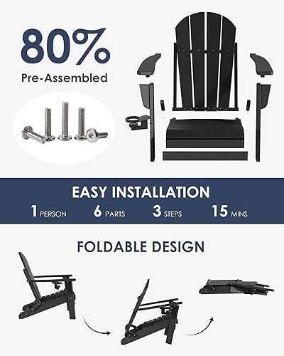 Miniatura 4 de Juego de 2 sillas plegables Adirondack para patio resistentes a todo tipo de clima, sillas exteriores resistentes con soporte para tazas, sillas de