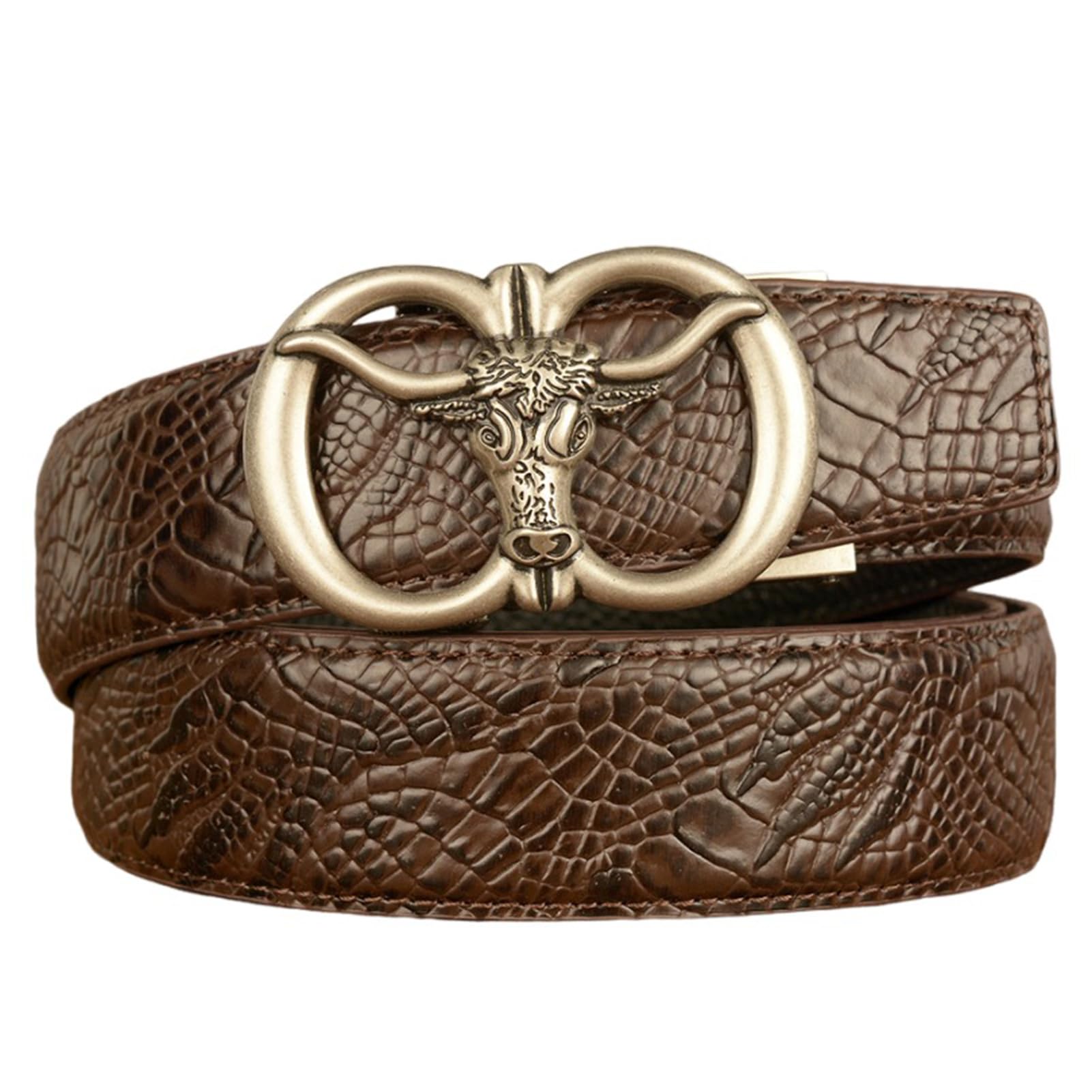 BDAYEK Men's Belt Men's Ratchet Embossed Belt Cowboy Western Longhorn Texas Bull Automatic Silver Buckle Adjustable Black(Brown,120Cm/47)