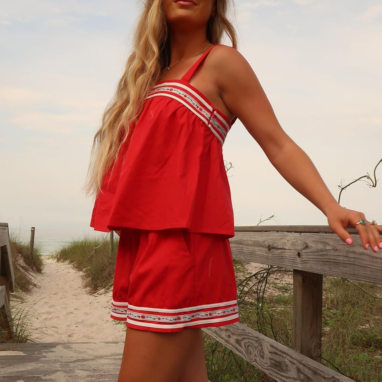 Women 2pcs Shorts Outfit Sleeveless Embroidery Ruffle Hem Backless Crop Top Elastic Waist Shorts Set with Pocket - Image 4